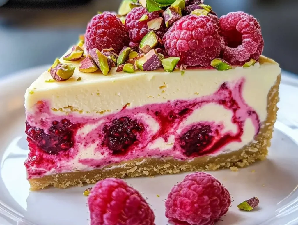 Elegant Pistachio Raspberry Crunch Cheesecake