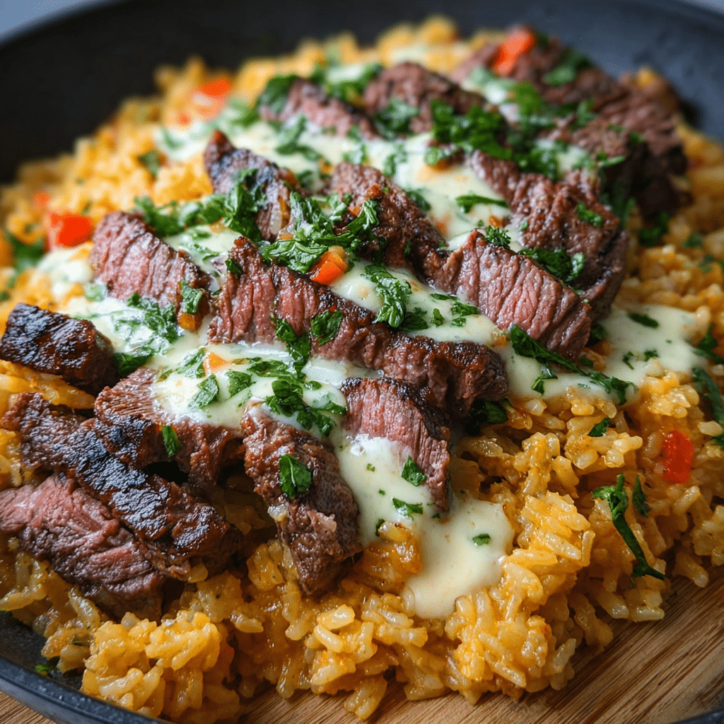 Creamy Queso Rice with Juicy Steak Strips
