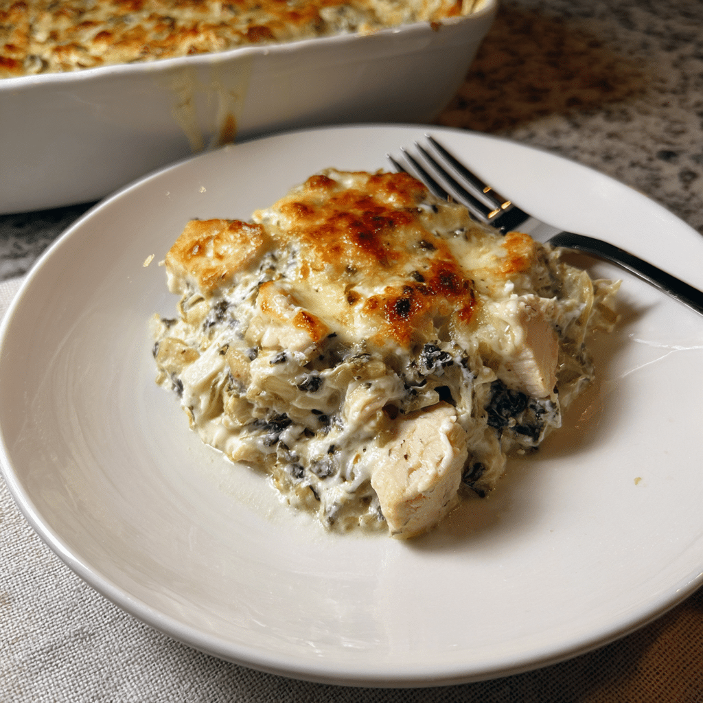 High-Protein Spinach Artichoke Chicken Casserole