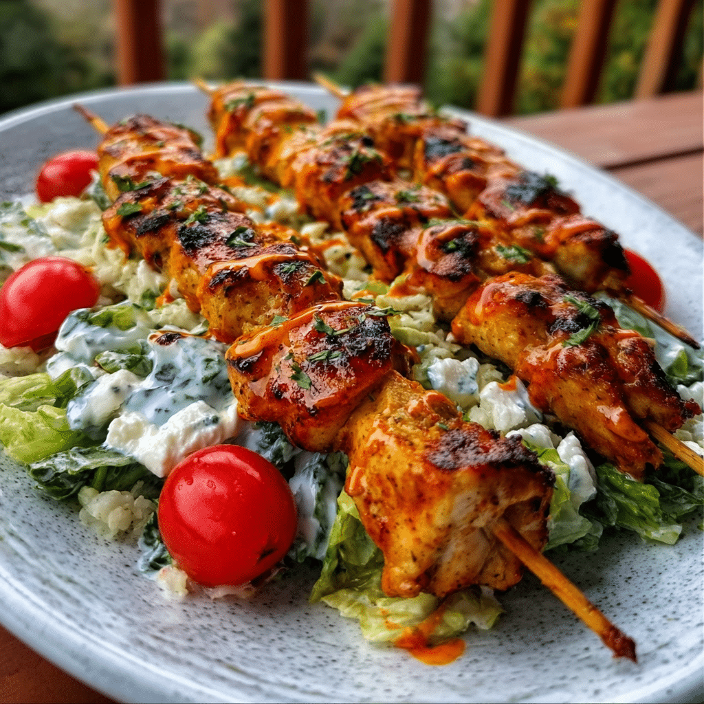 Chopped Honey Buffalo Chicken Skewer Salad