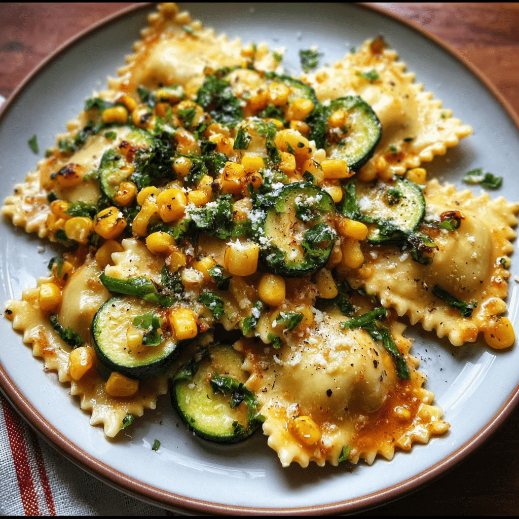 Ravioli with Corn Zucchini Garlic Butter