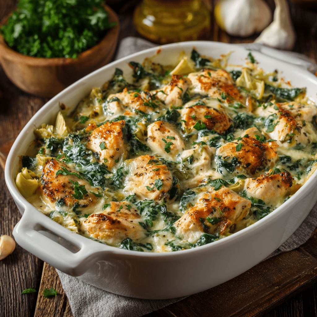 High-Protein Spinach Artichoke Chicken Casserole