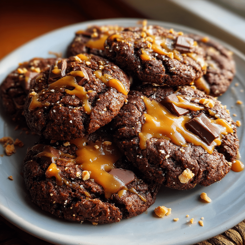 Chocolate Peanut Butter Cookies with Gooey Caramel