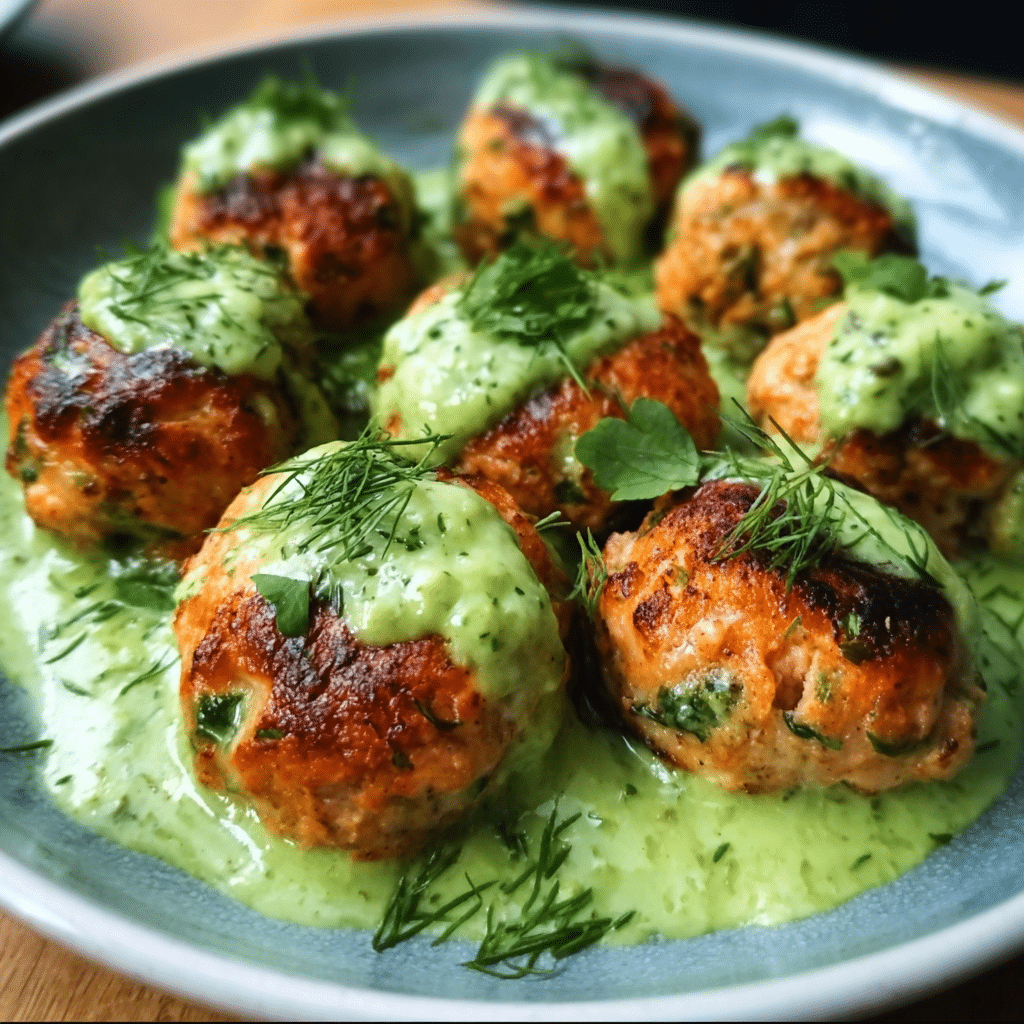 Baked Salmon Meatballs with Avocado Sauce