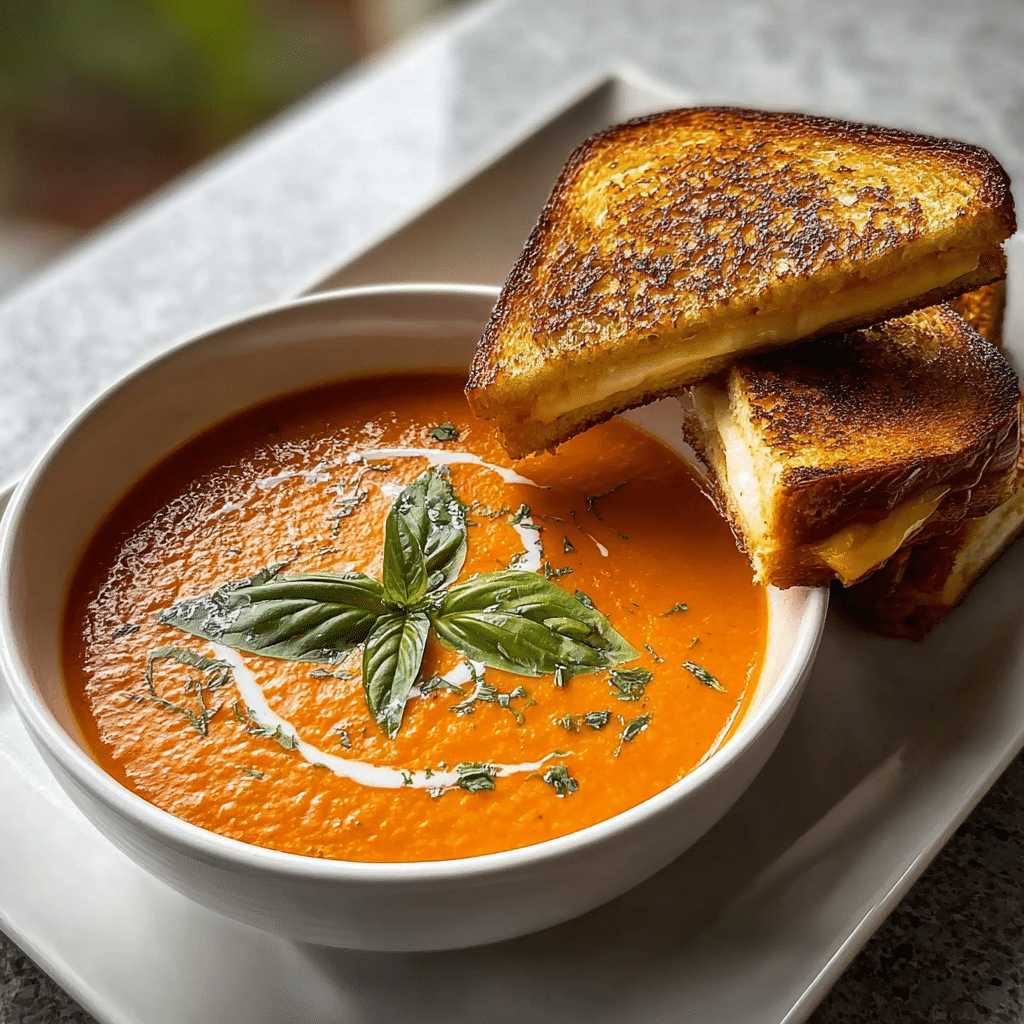 Creamy Tomato Basil Soup with Grilled Cheese
