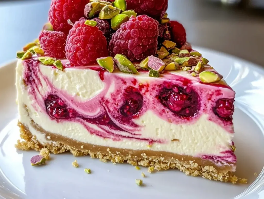Elegant Pistachio Raspberry Crunch Cheesecake