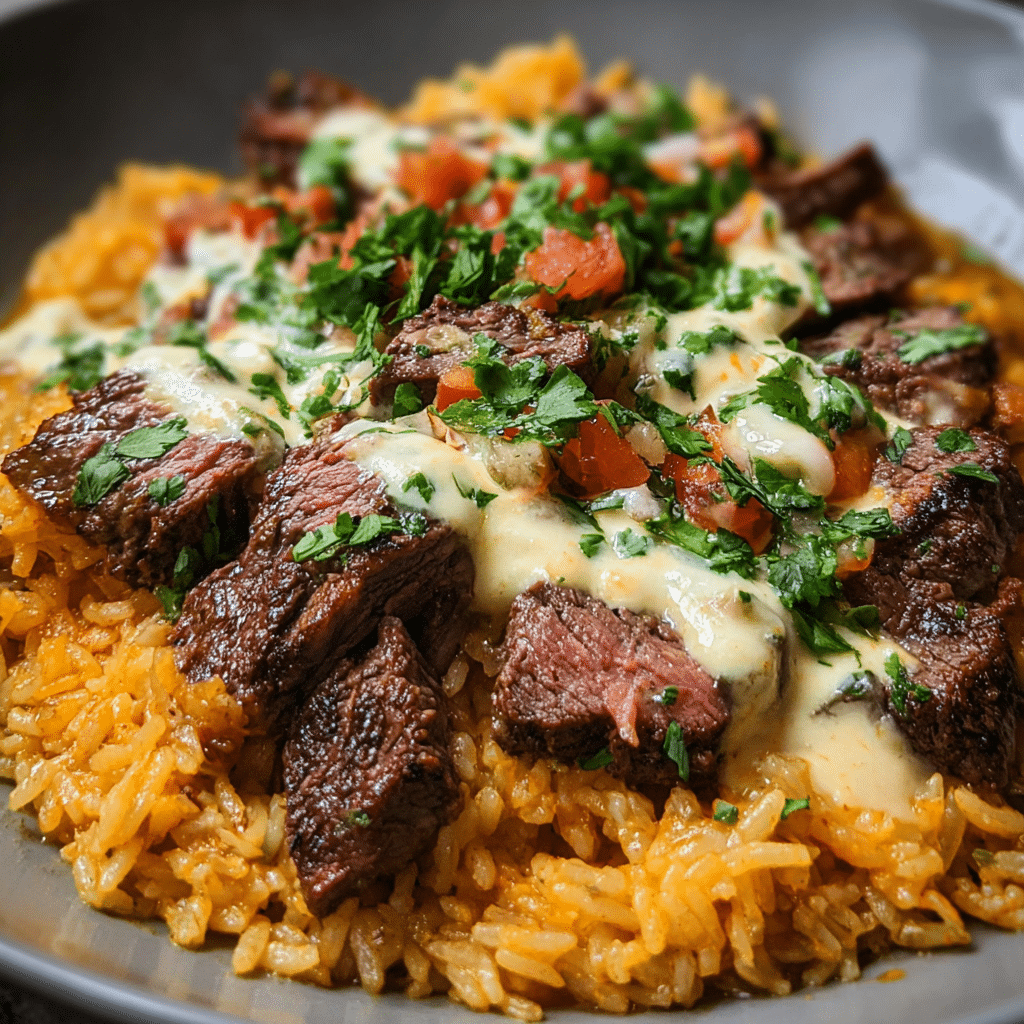 Creamy Queso Rice with Juicy Steak Strips