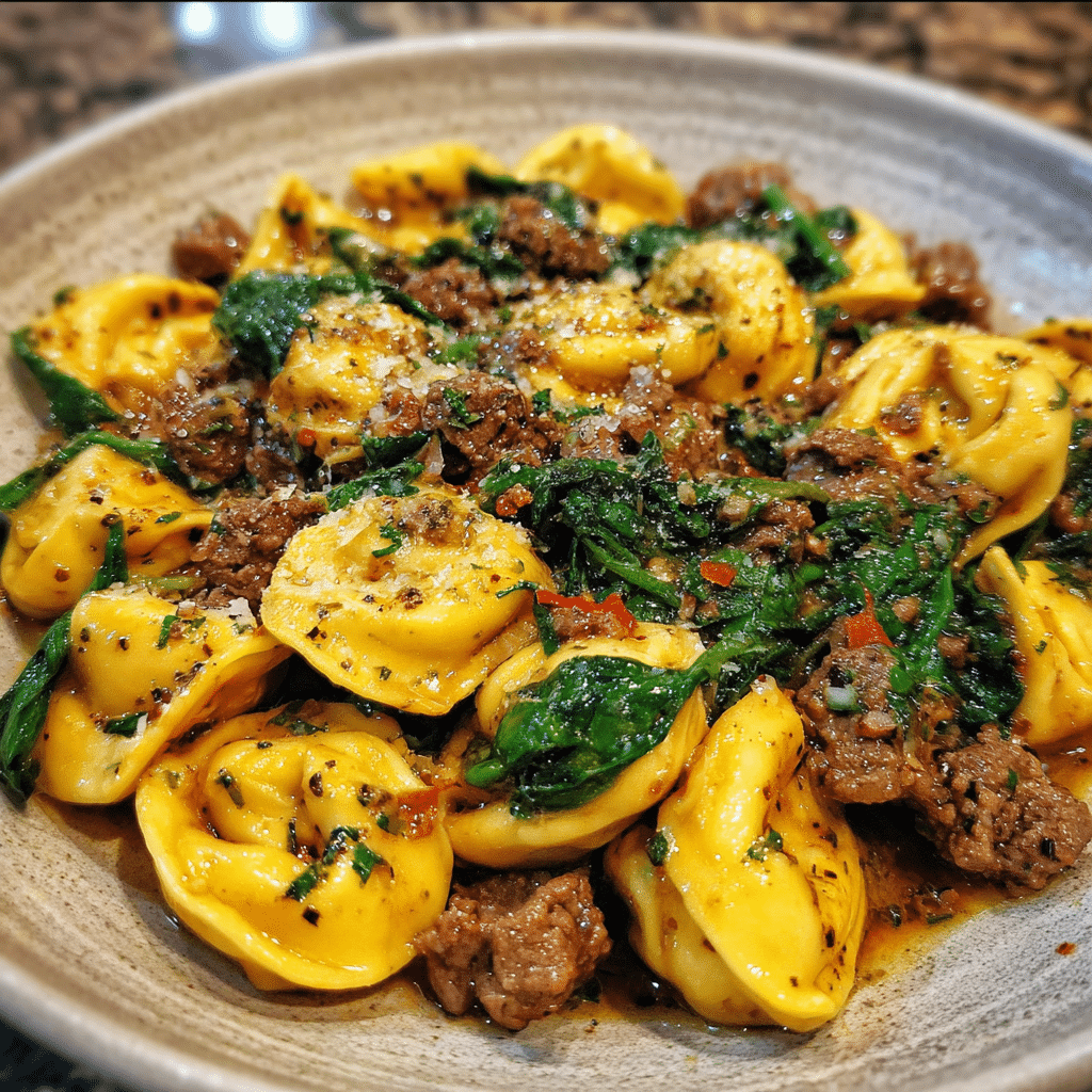 Garlic Butter Beef Spinach Tortellini