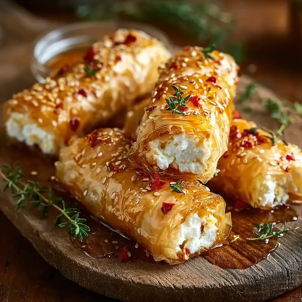 Oven Fried Feta Rolls with Chili Honey