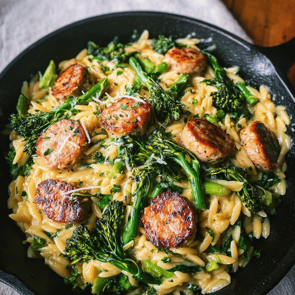 Broccolini Chicken Sausage Orzo