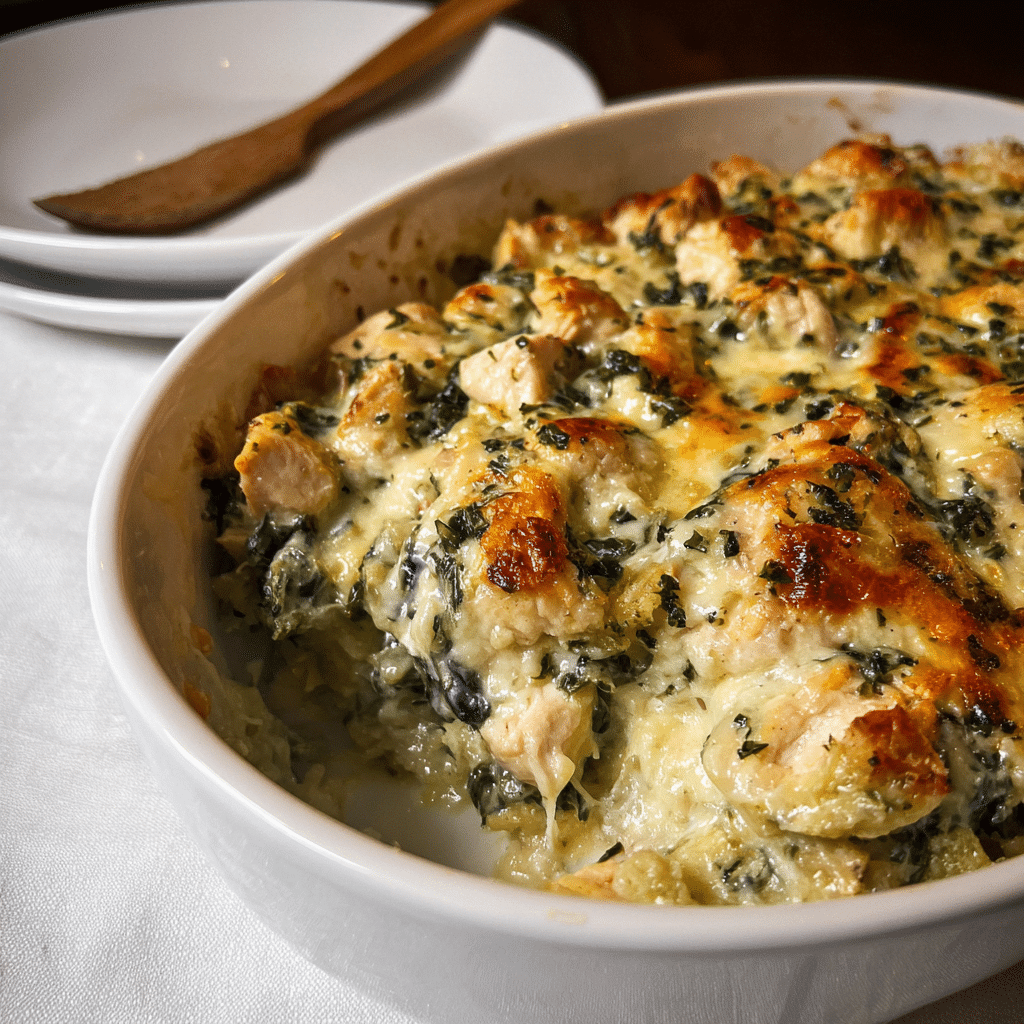 High-Protein Spinach Artichoke Chicken Casserole