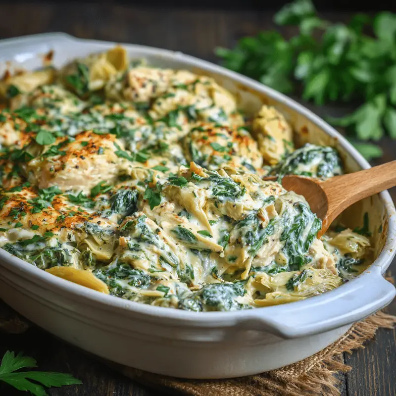 High-Protein Spinach Artichoke Chicken Casserole