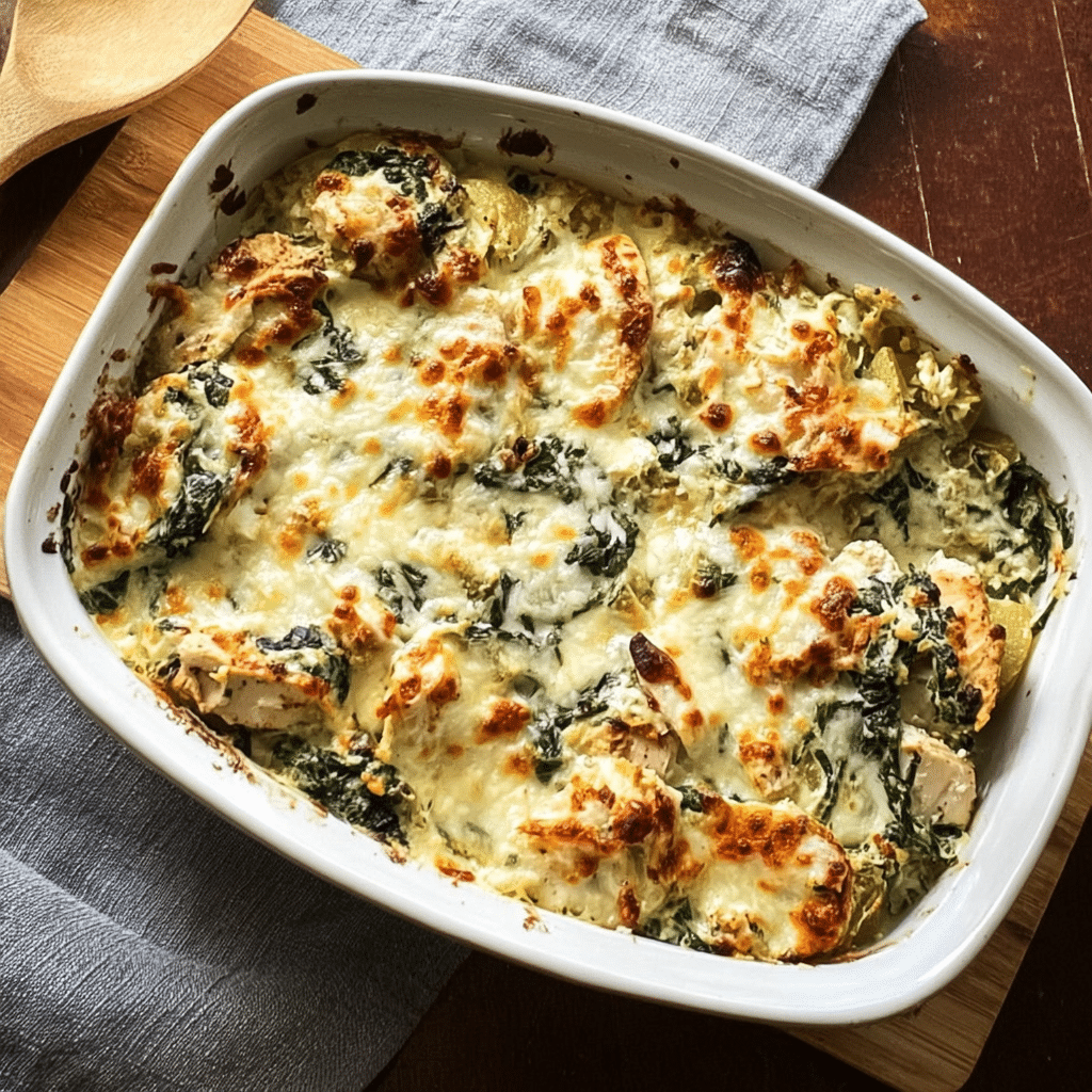 High-Protein Spinach Artichoke Chicken Casserole