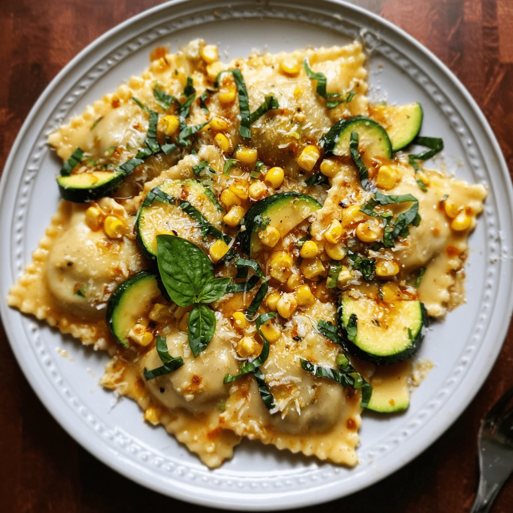 Ravioli with Corn Zucchini Garlic Butter