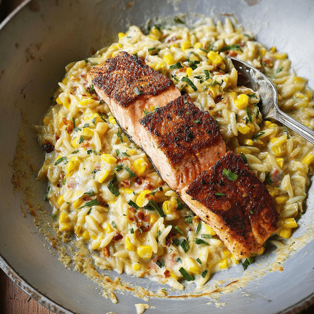 Creamed Corn Orzo with Salmon