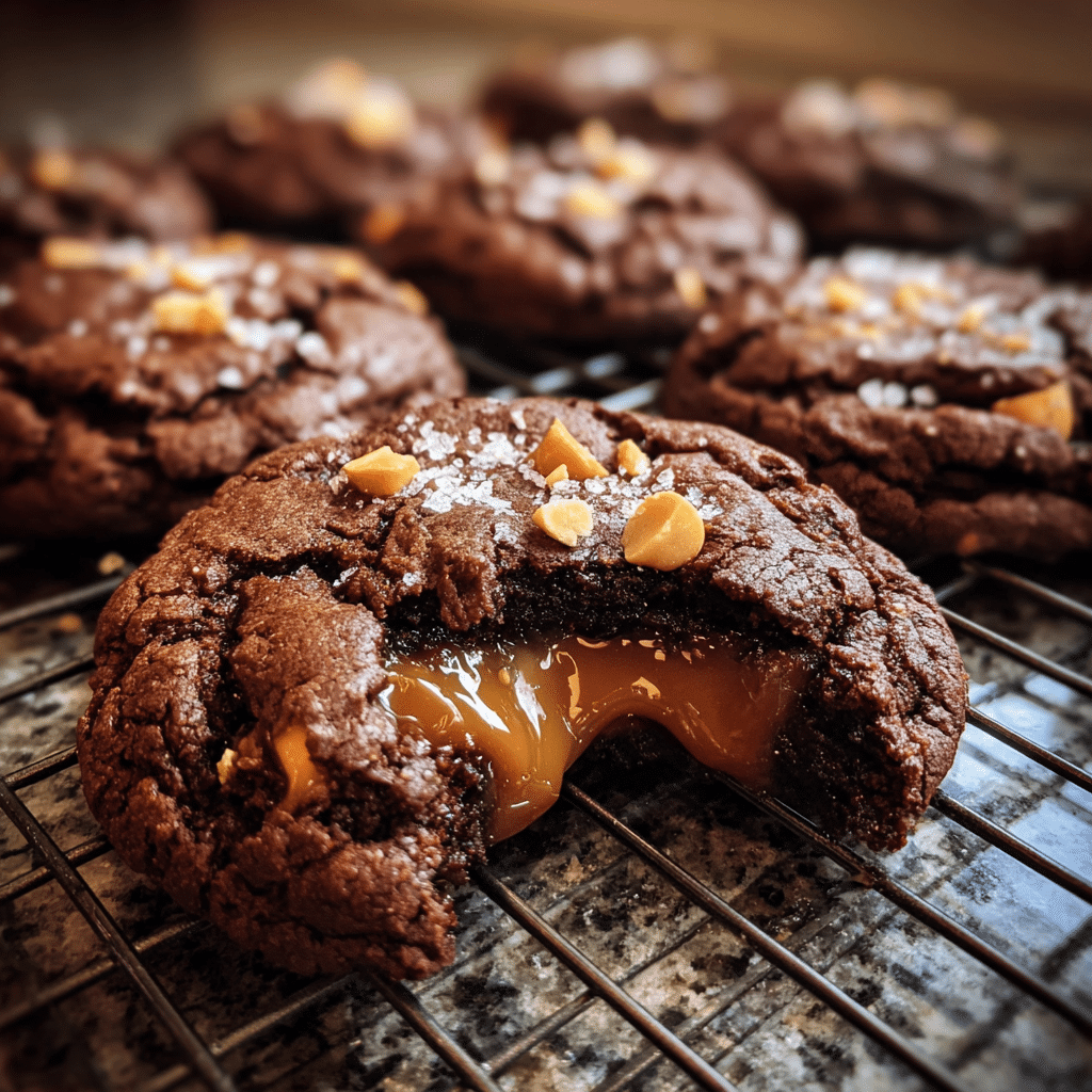 Chocolate Peanut Butter Cookies with Gooey Caramel