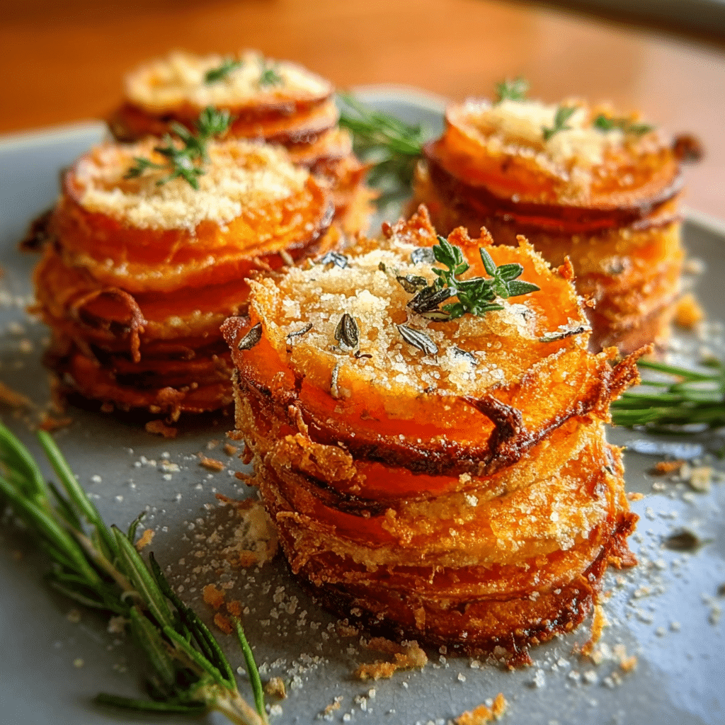 Crispy Parmesan Thyme Sweet Potato Stacks