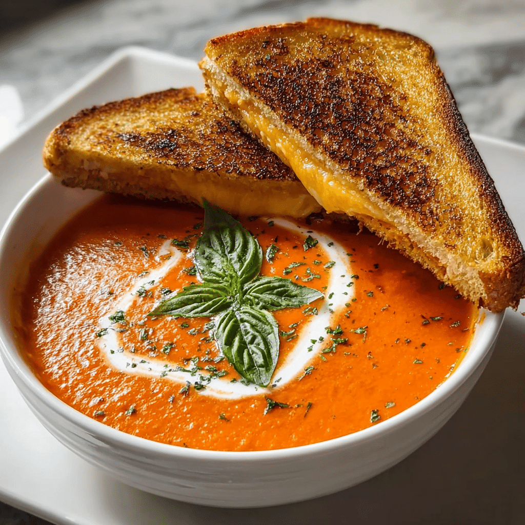 Creamy Tomato Basil Soup with Grilled Cheese