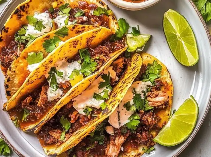 Delicious authentic Mexican Birria Tacos served with consommé and fresh toppings