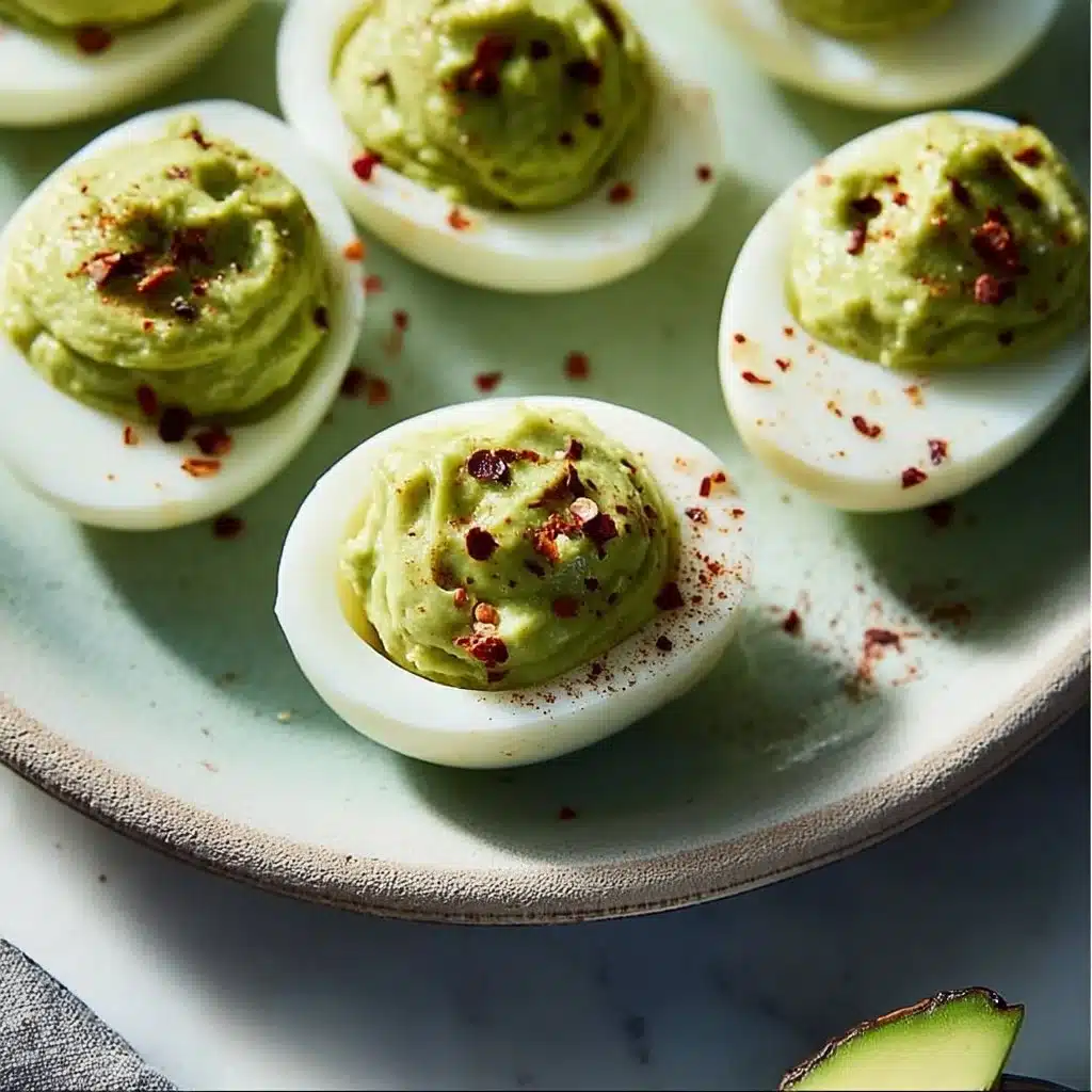 Avocado deviled eggs garnished with herbs and spices on a plate