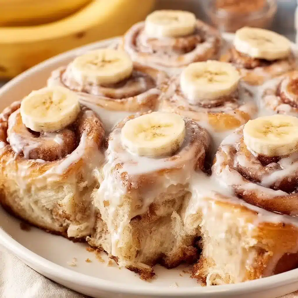 Delicious banana bread cinnamon rolls with cream cheese frosting on a plate