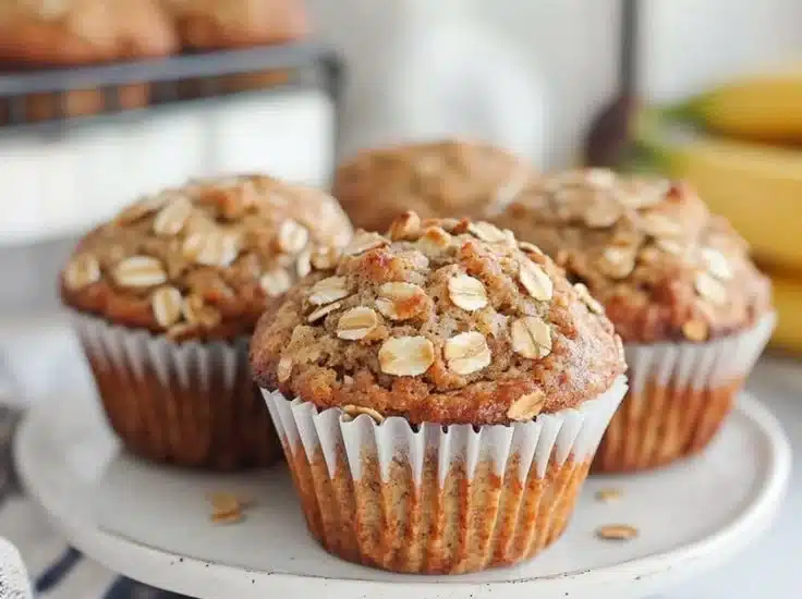 Freshly baked Banana Oat Muffins on a rustic wooden table