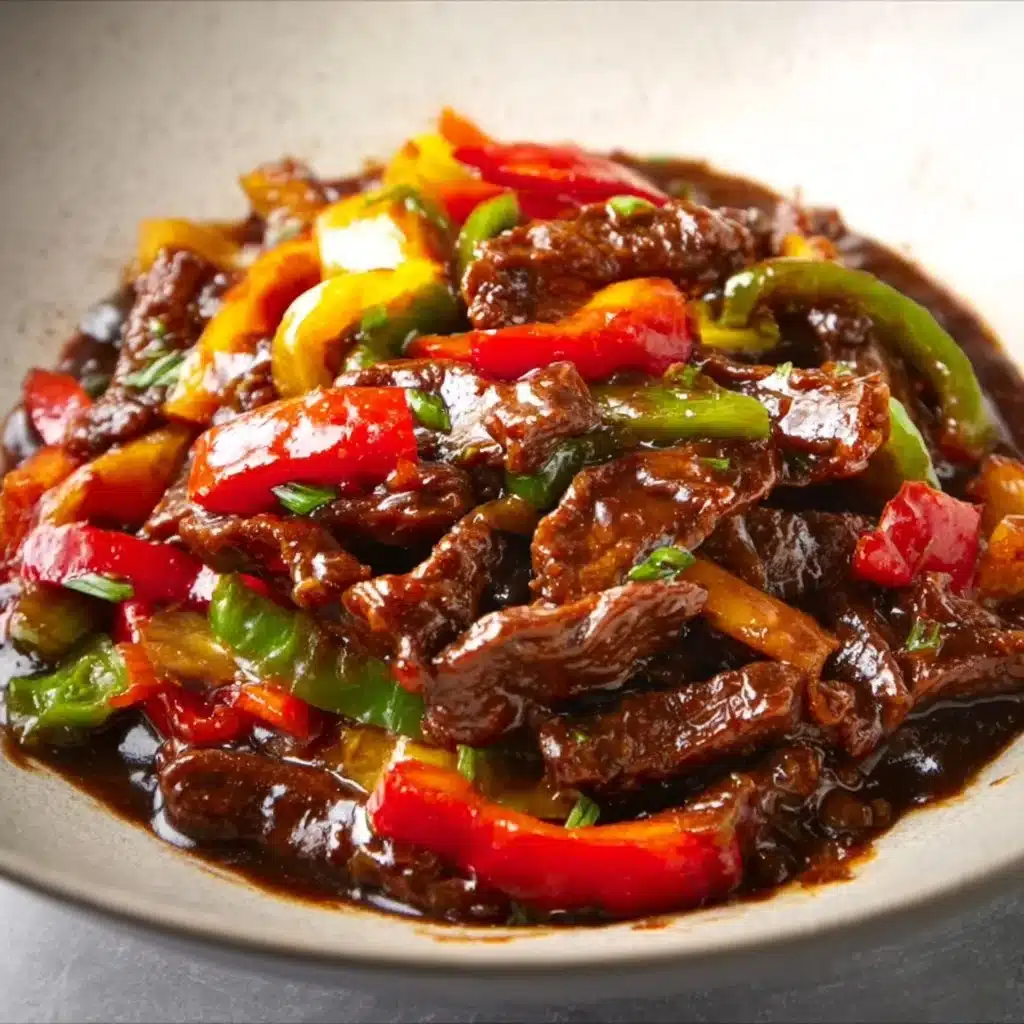 Delicious plate of black pepper beef with fresh vegetables and rice