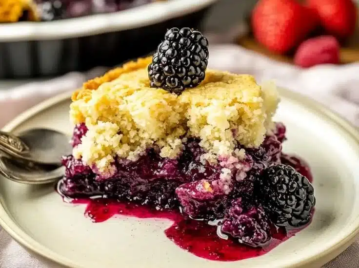 Delicious homemade blackberry cobbler served in a rustic dish