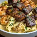 Delicious blackened steak and shrimp pasta garnished with herbs