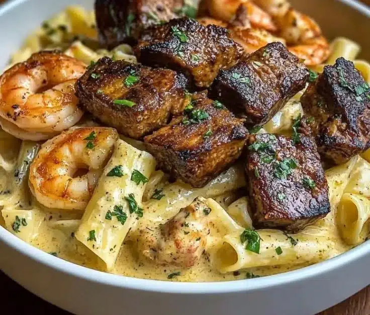 Delicious blackened steak and shrimp pasta garnished with herbs