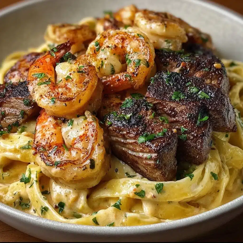Delicious blackened steak and shrimp pasta served with a creamy sauce