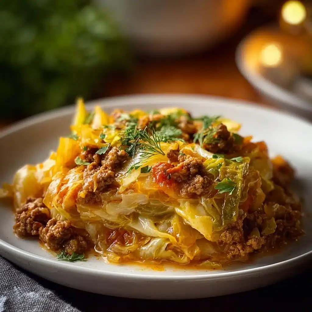 Delicious homemade cabbage casserole topped with cheese and herbs