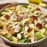 Delicious Caesar Pasta Salad with romaine, parmesan, and creamy dressing