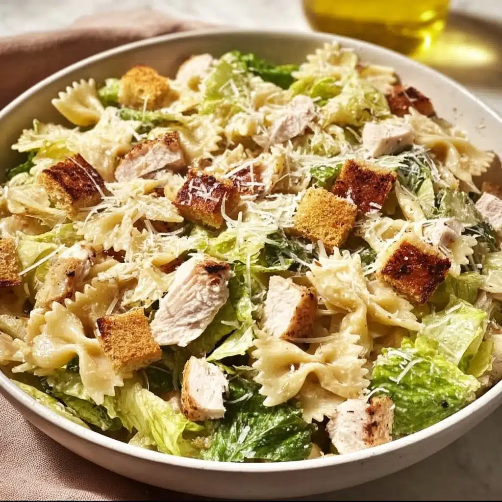 Delicious Caesar Pasta Salad with romaine, parmesan, and creamy dressing