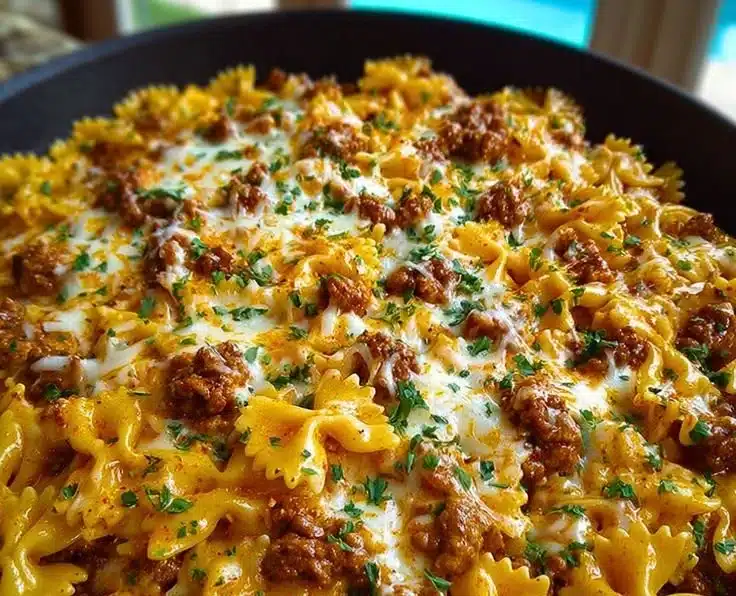 Cajun Cream Cheese Alfredo Bowties topped with spiced ground beef