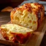 Delicious homemade cheese bread served warm with melting cheese.