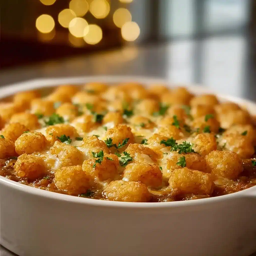 Cheesy Crockpot Tater Tot Casserole with golden tater tots and melted cheese