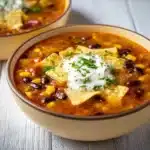 Bowl of cheesy keto taco soup topped with avocado and cheese