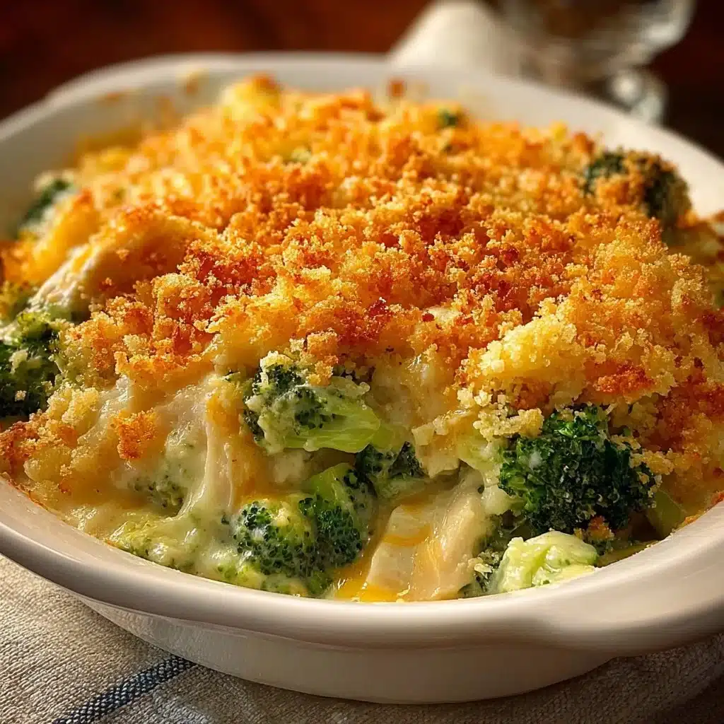 Creamy Chicken Divan Broccoli Casserole topped with cheese and herbs