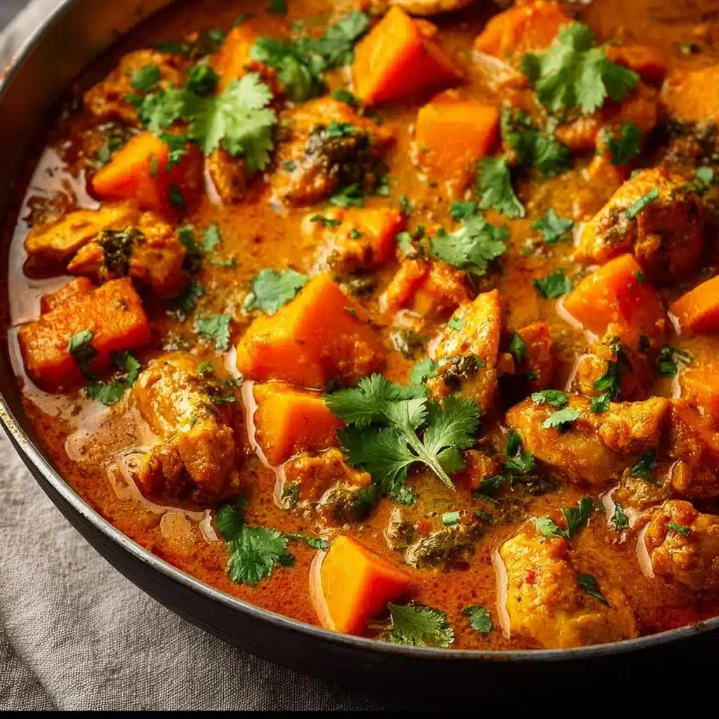 Bowl of chicken sweet potato curry garnished with fresh herbs