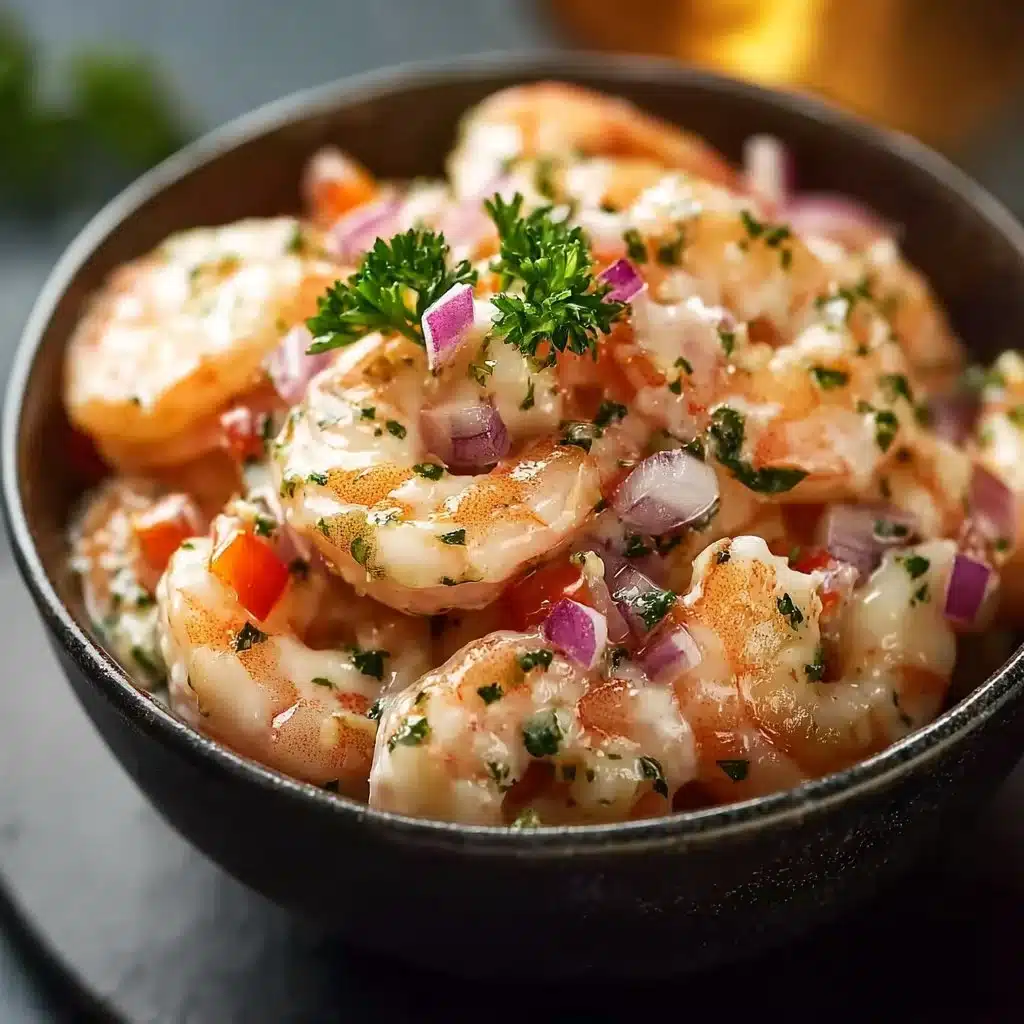 Delicious classic creamy shrimp salad served in a bowl, garnished with herbs.