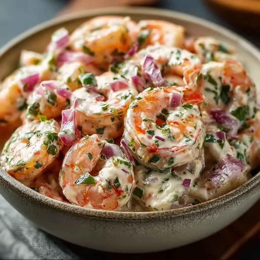 Delicious creamy shrimp salad served in a bowl