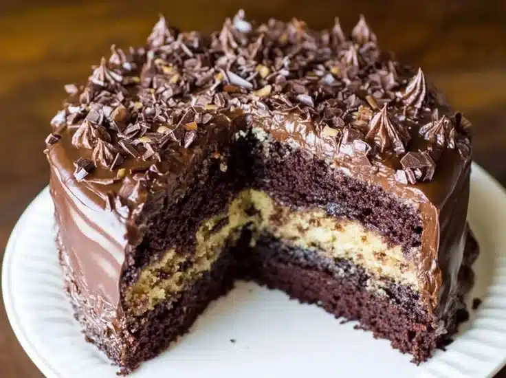Slice of classic German chocolate cake with coconut-pecan frosting