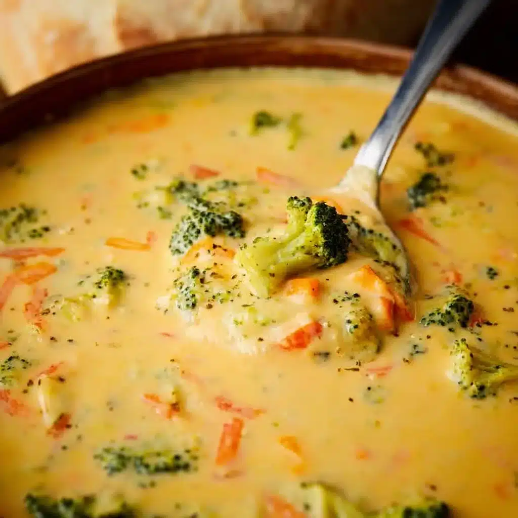 Delicious bowl of copycat Panera broccoli cheese soup with fresh ingredients