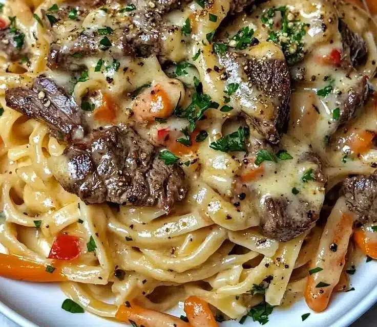 Cowboy Butter Steak Linguine garnished with roasted carrots and fresh parsley