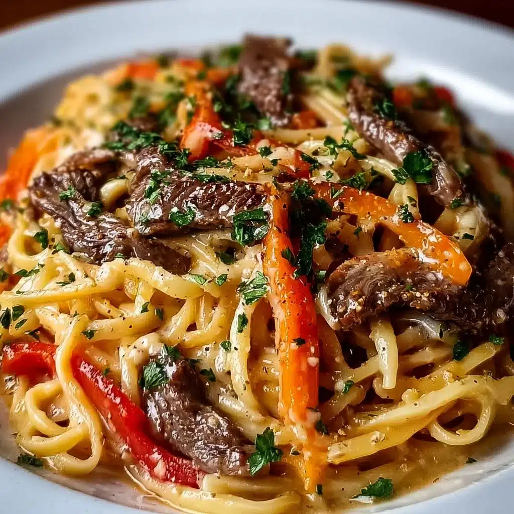 Cowboy Butter Steak Linguine with roasted carrots and parsley garnish