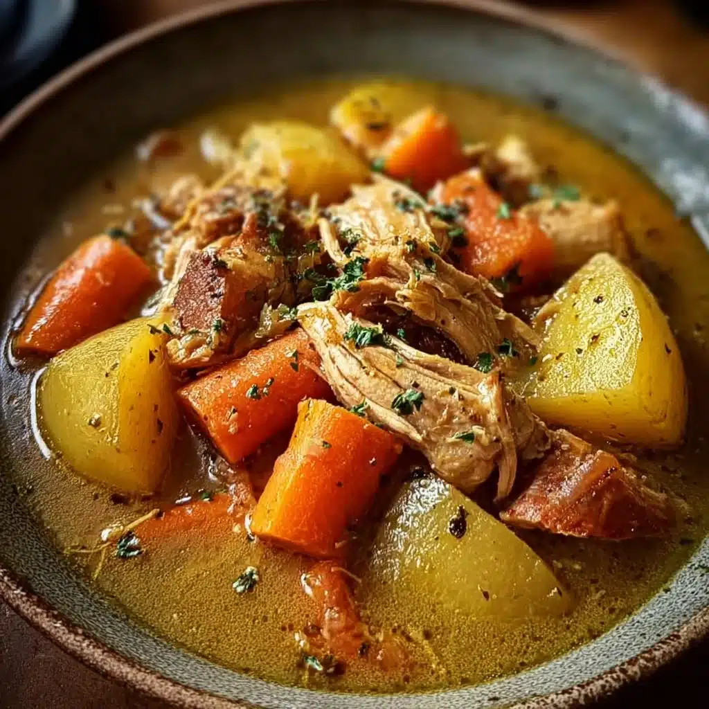 Delicious slow cooker chicken stew in a bowl with fresh herbs