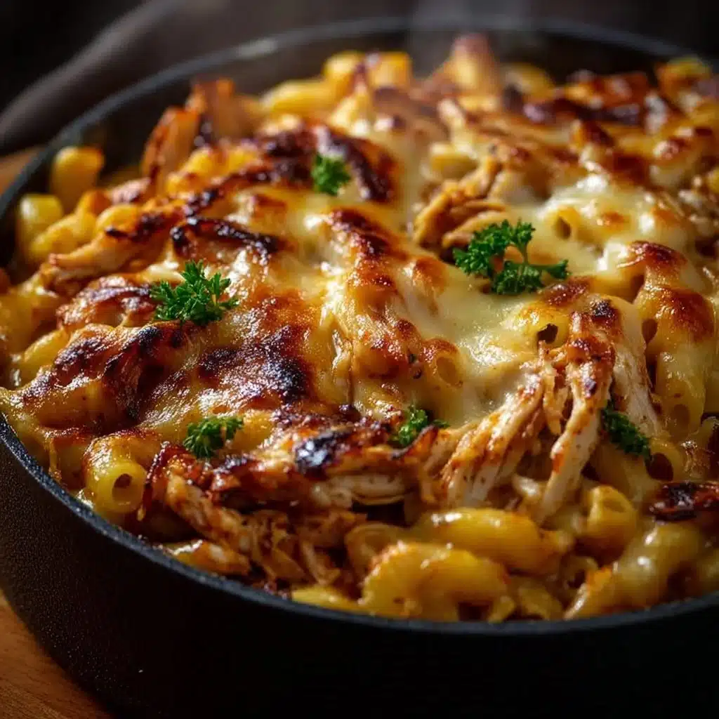 Creamy BBQ chicken mac and cheese served in a bowl with a sprinkle of herbs