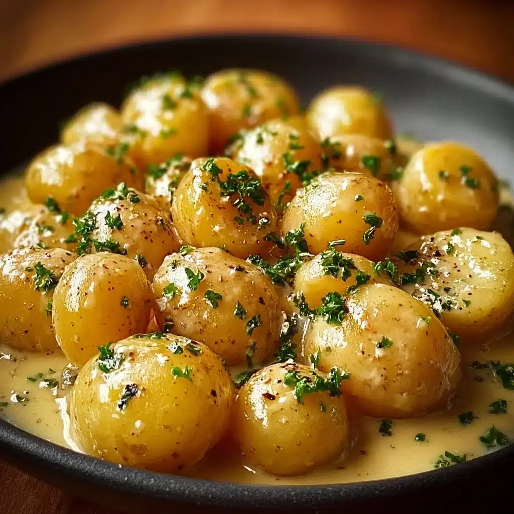 Creamy garlic sauce baby potatoes served in a bowl