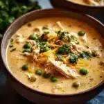 A bowl of creamy Keto White Chicken Chili topped with cilantro and cheese